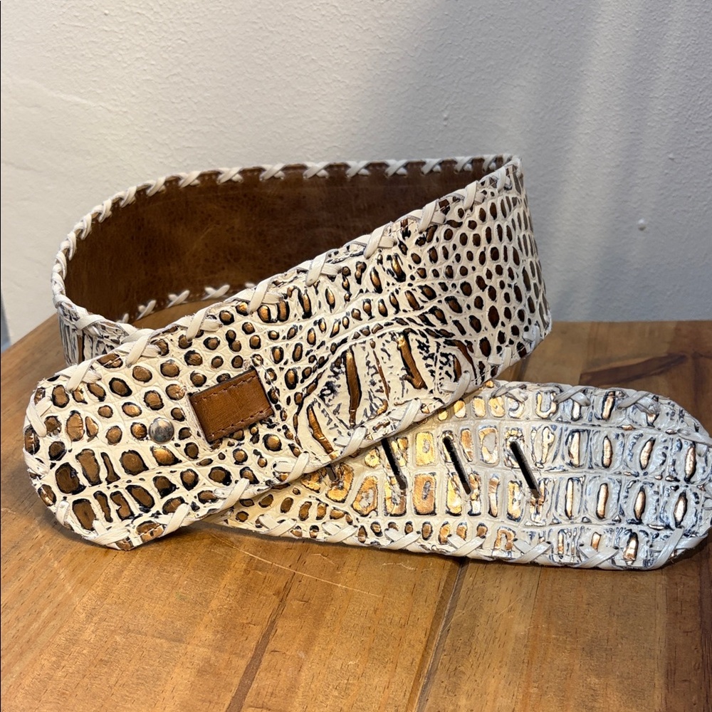 White and Brown Croc Embossed Belt, 3 inches wide